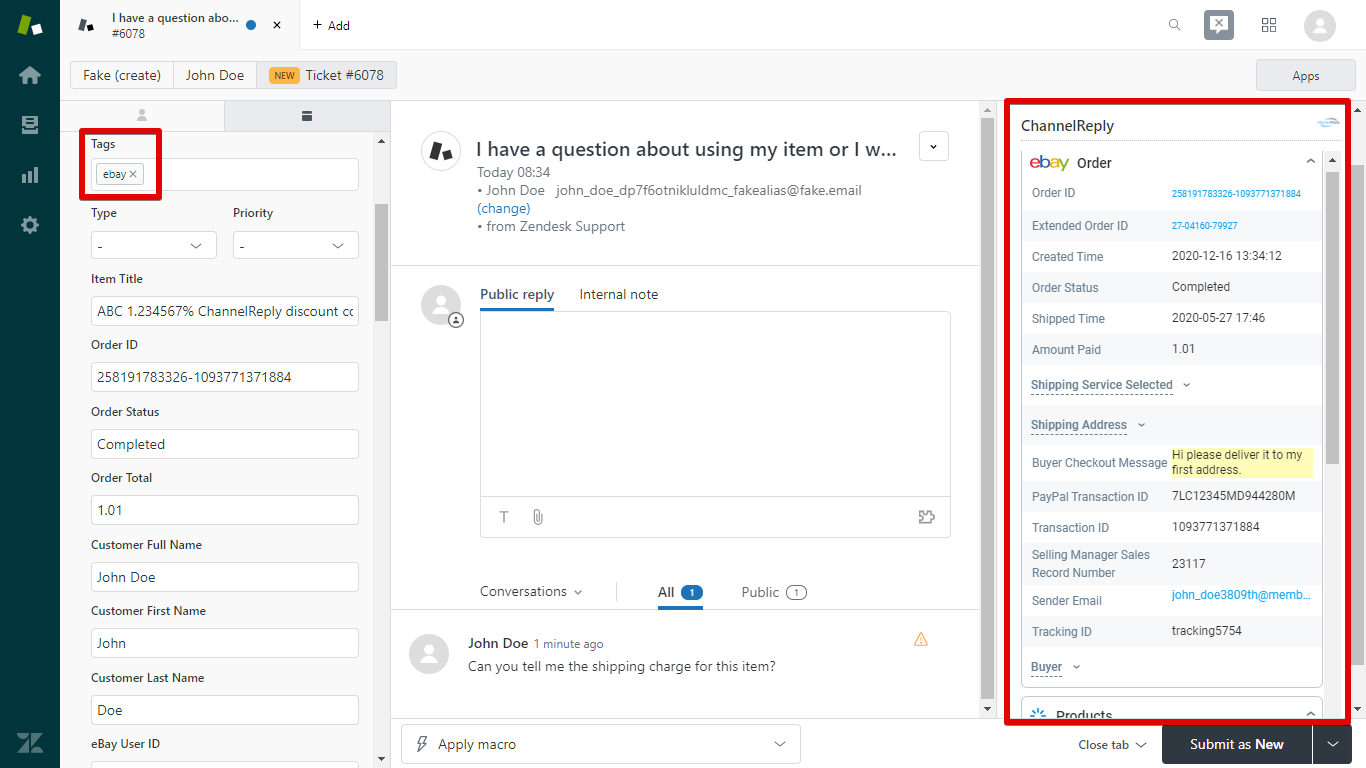 An eBay message from ChannelReply in Zendesk with ChannelReply tag and order data outlined in red
