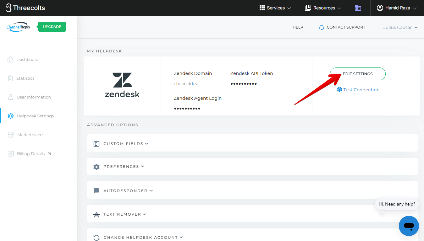 Edit Zendesk Settings in ChannelReply