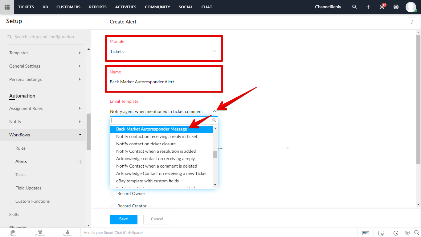Module set to Tickets, Name field filled in, and selecting a template from the Email Template dropdown