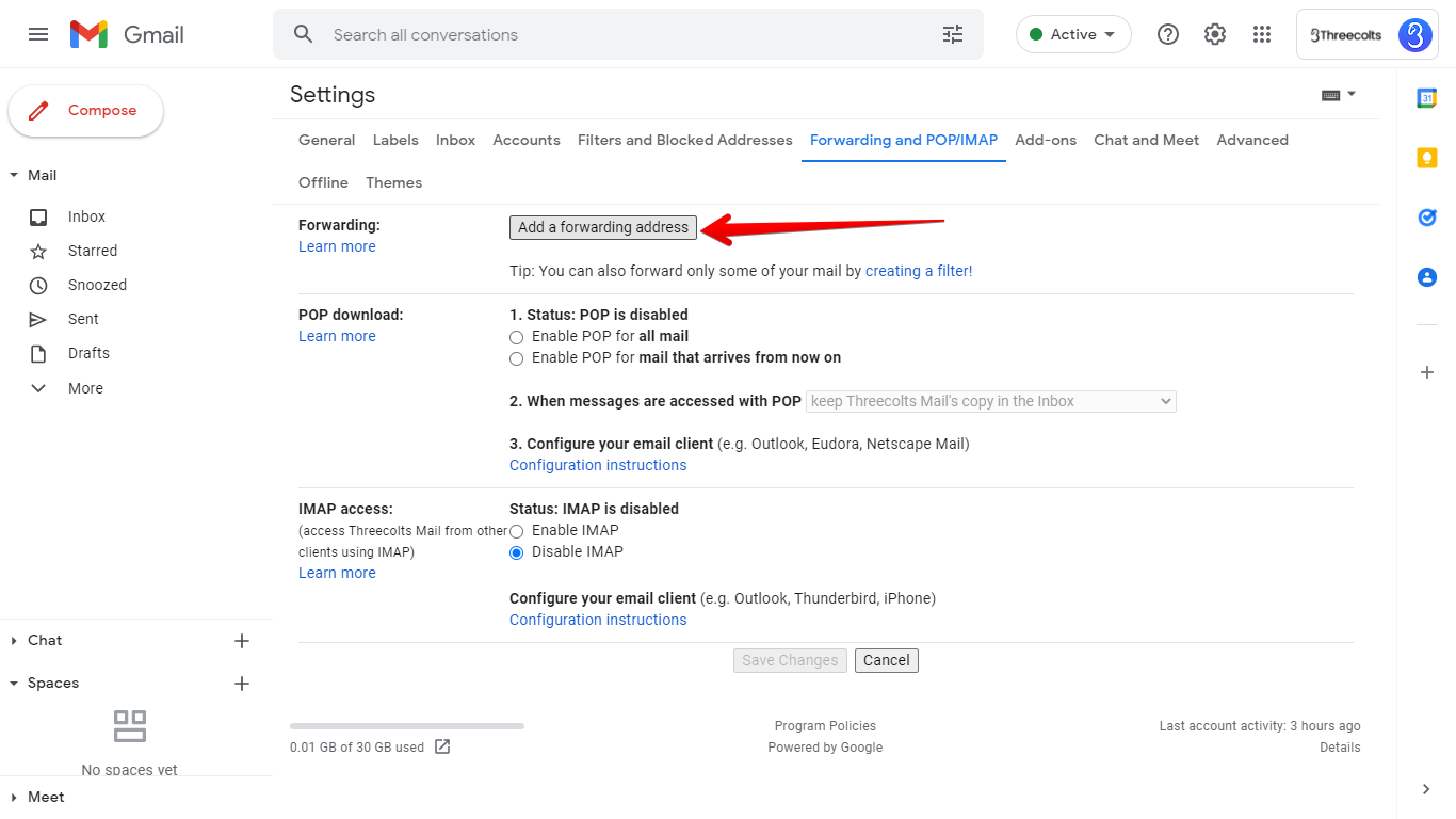 Add a forwarding address button
