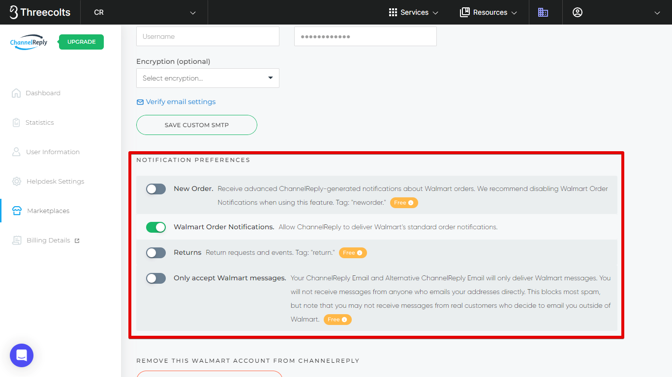 ChannelReply Notification Preferences for Walmart
