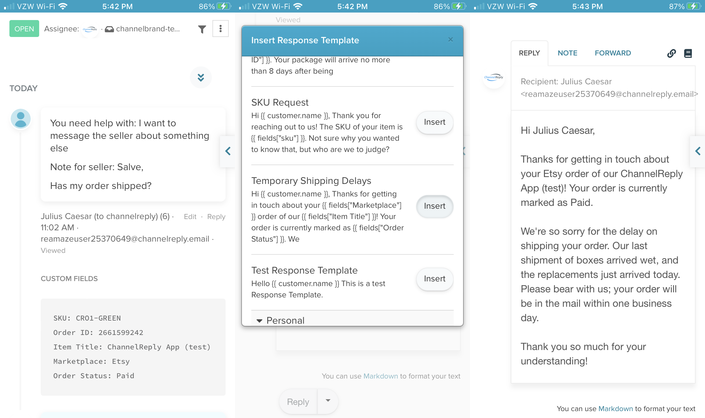 Responding to an Etsy message in Re:amaze using a response template on an iPhone