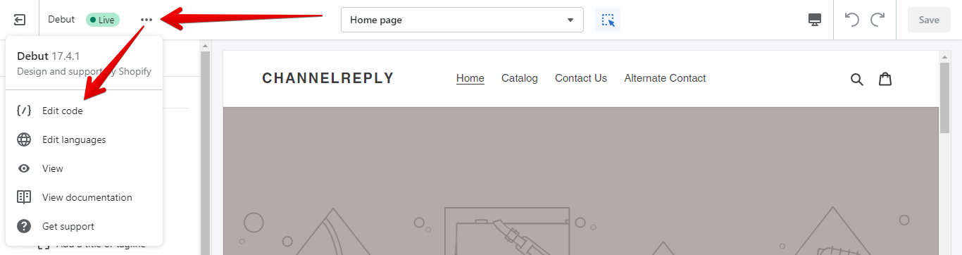 Row of three dots and Edit Code button for a Shopify theme