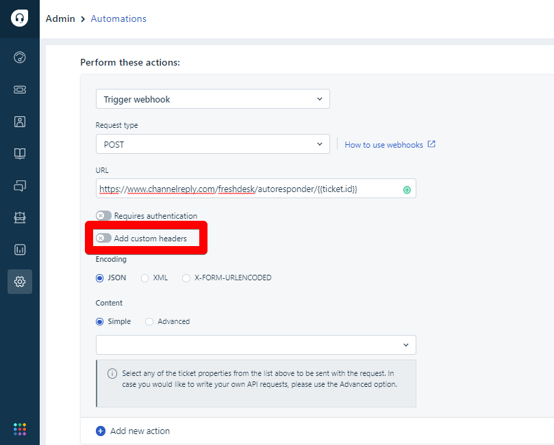 Custom headers toggle in Freshdesk automations 