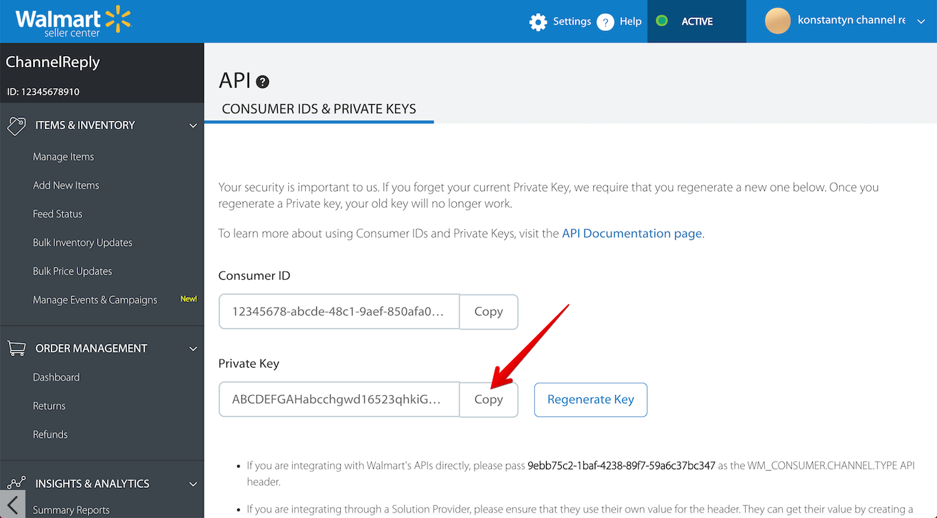Walmart Canada Private Key Copy Button