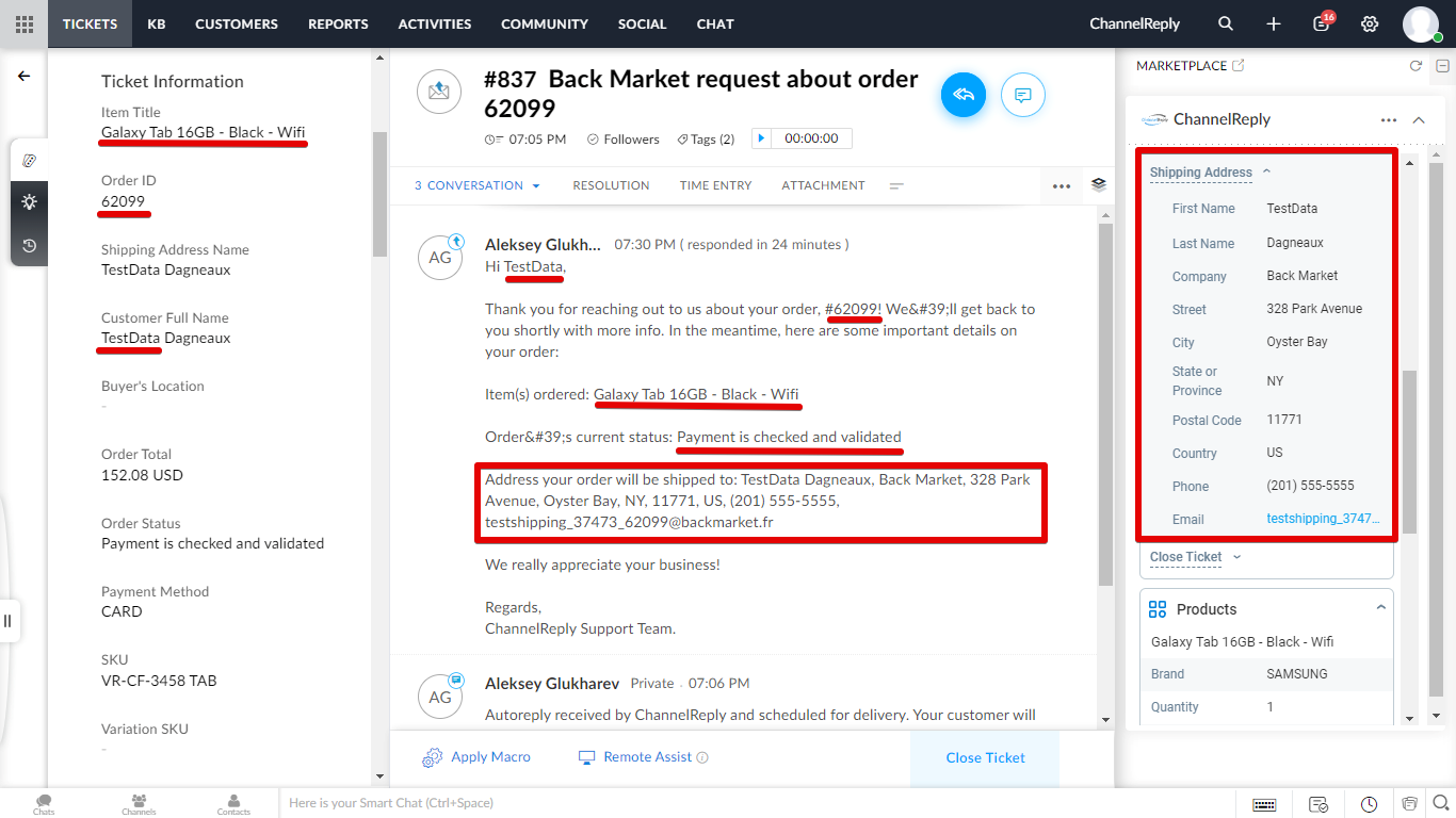 Zoho auto-reply with customer first name, order ID, item title, order status, and shipping address placeholders populated