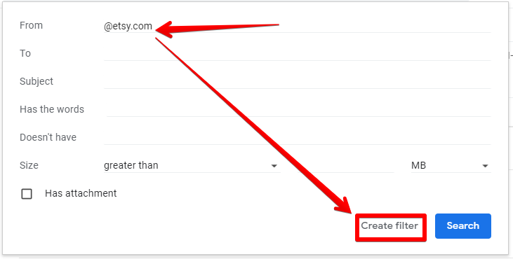 @etsy.com in the From field, and Create filter button