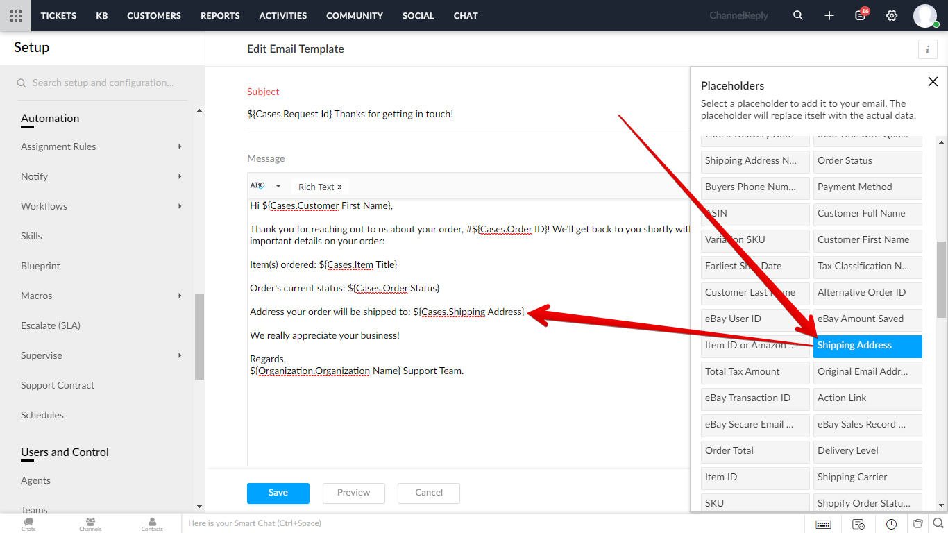 Entering ChannelReply custom fields like Shipping Address in a Zoho autoresponder message