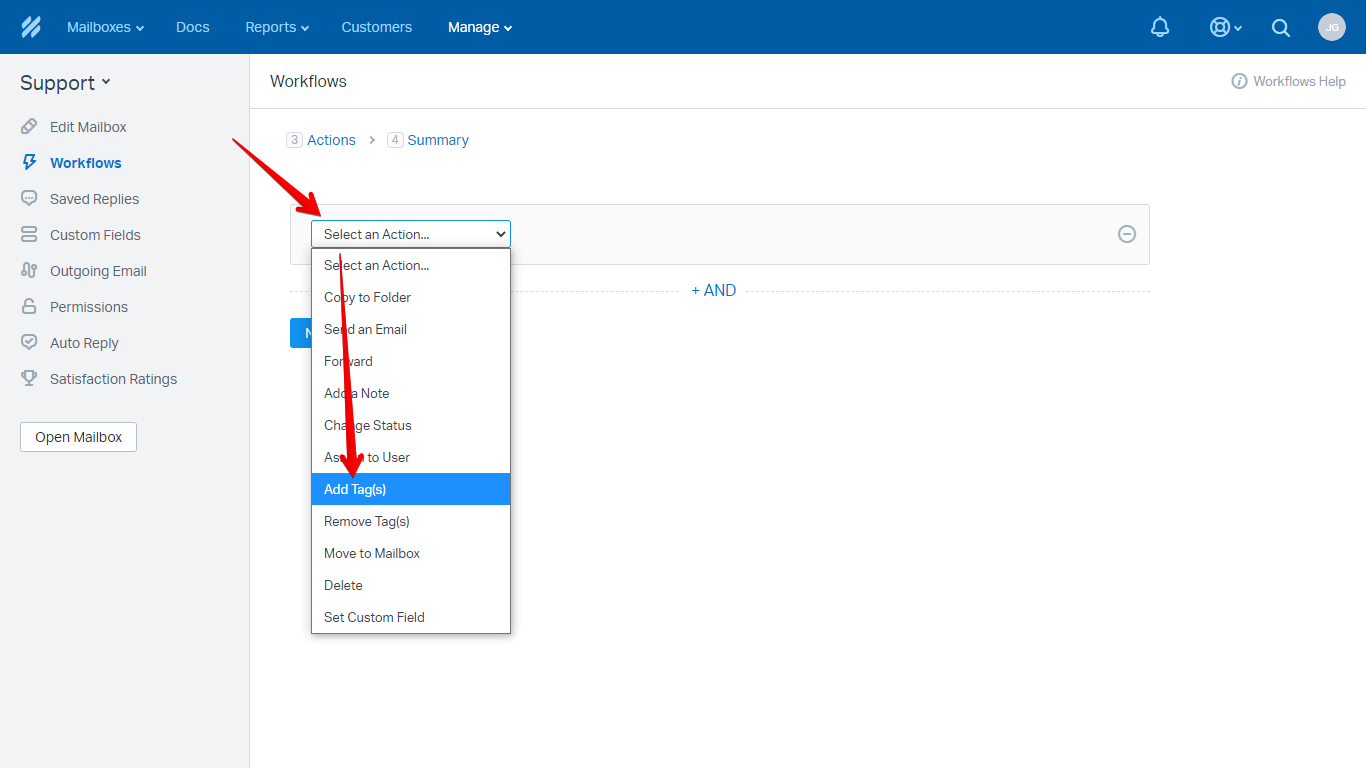 Select an Action and Add Tags Buttons