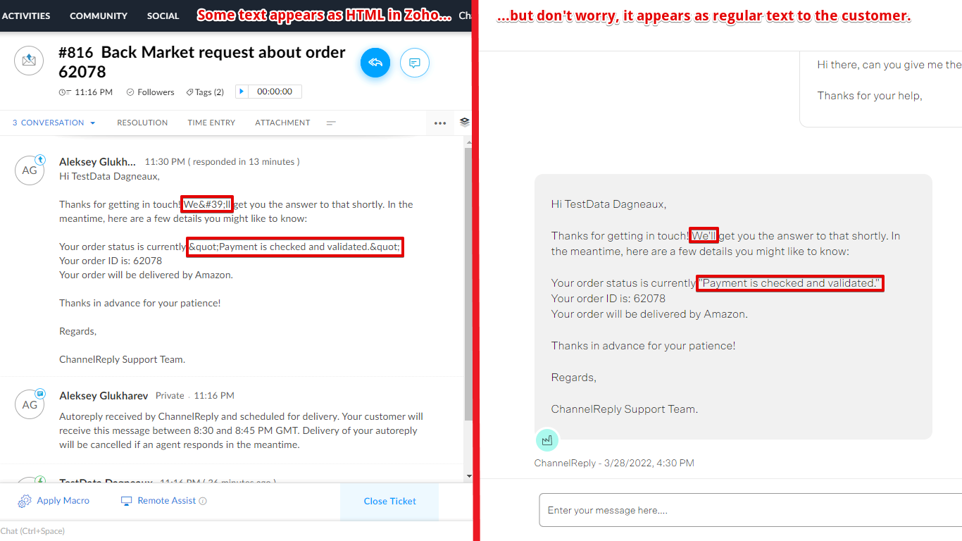 HTML code appearing in an autoreply in Zoho Desk but appearing as regular text when delivered to the customer