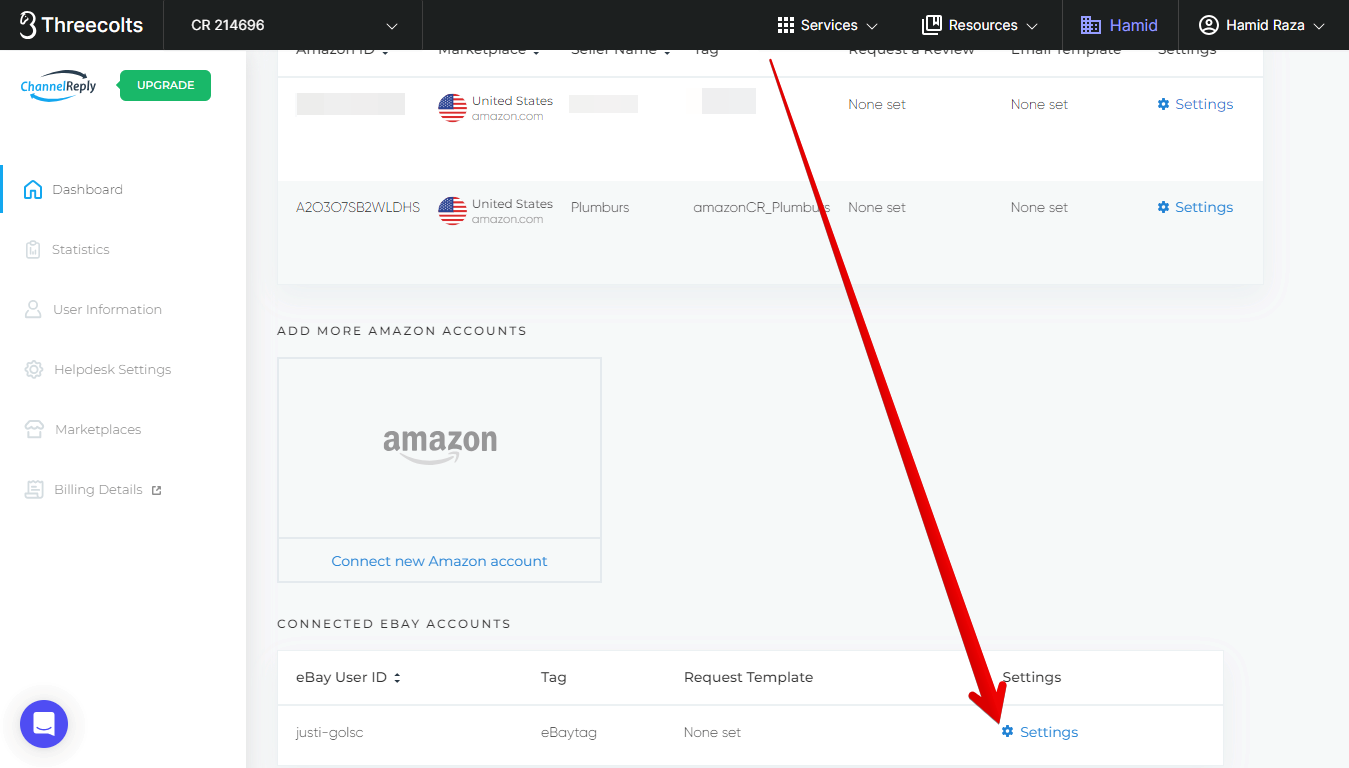 Settings button for an eBay account