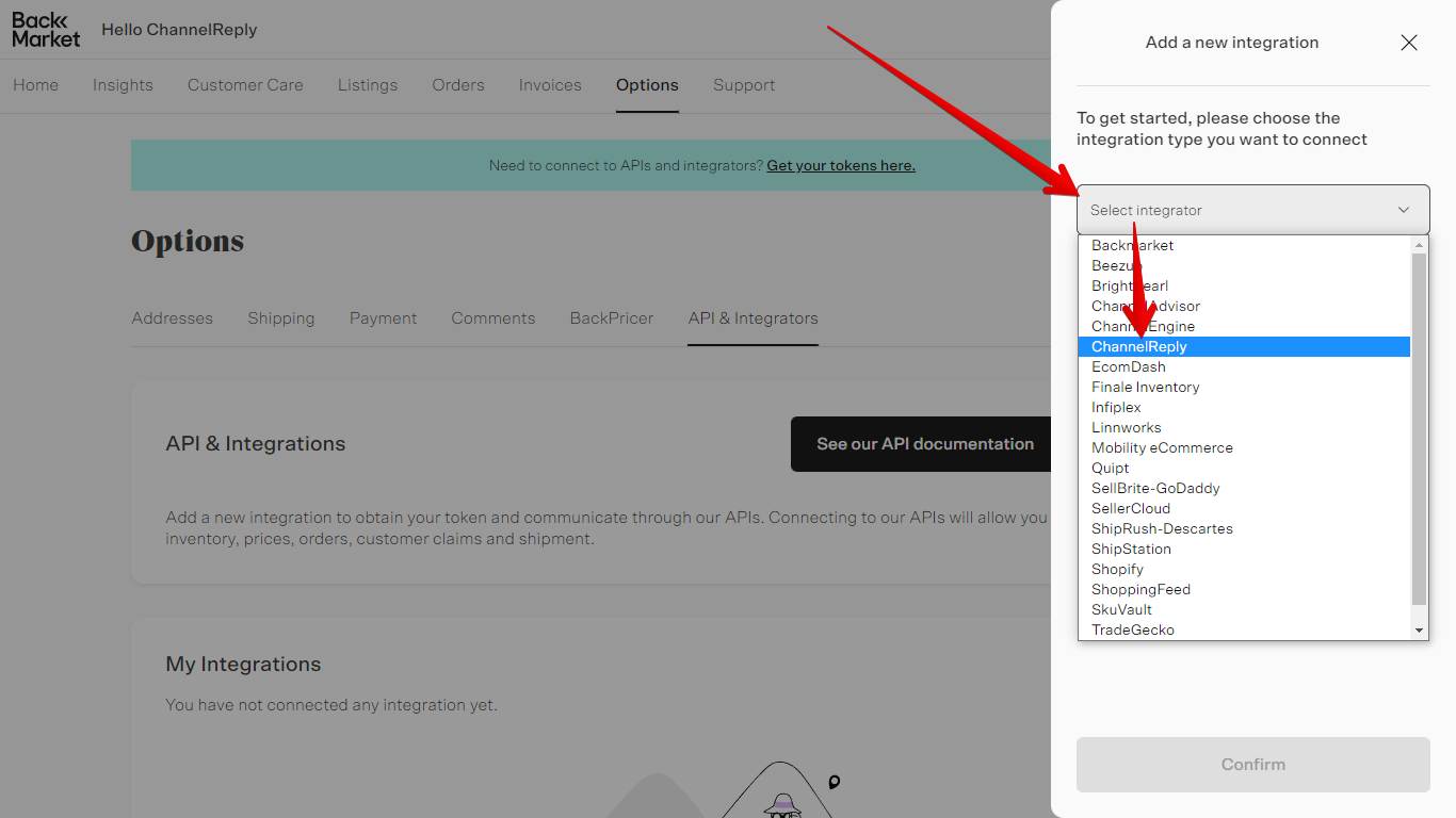 Choosing ChannelReply from the Select Integrator dropdown