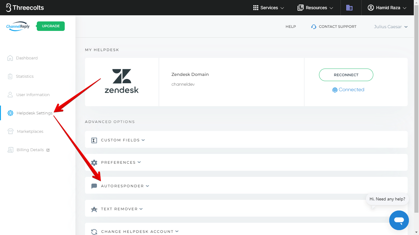 Helpdesk Settings and Autoresponder Dropdown in ChannelReply