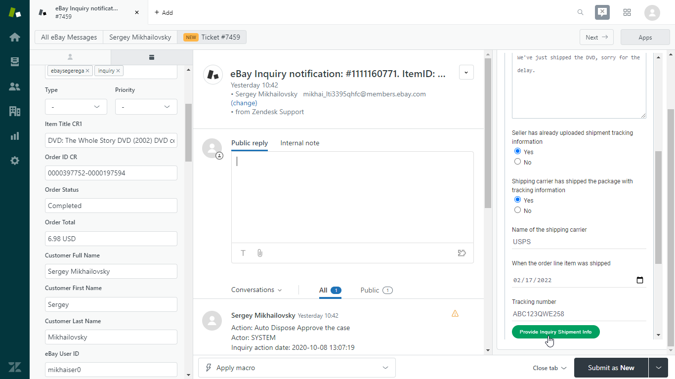 Providing Resolution Center Shipping Info with Comment in Zendesk