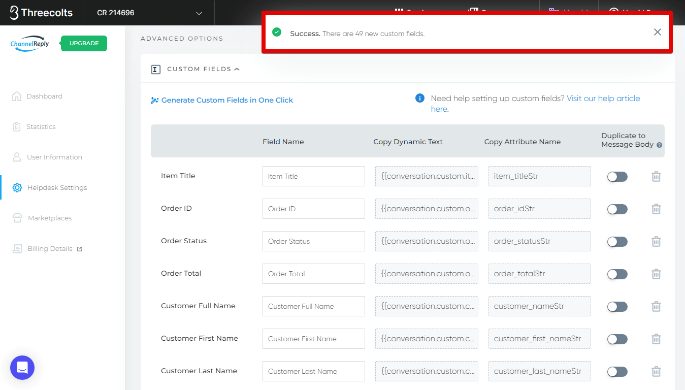 Success notification in Helpdesk Settings