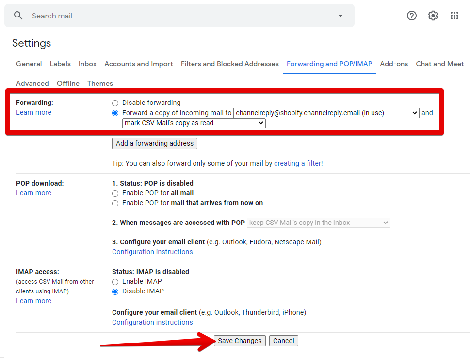 Forwarding Settings in Gmail