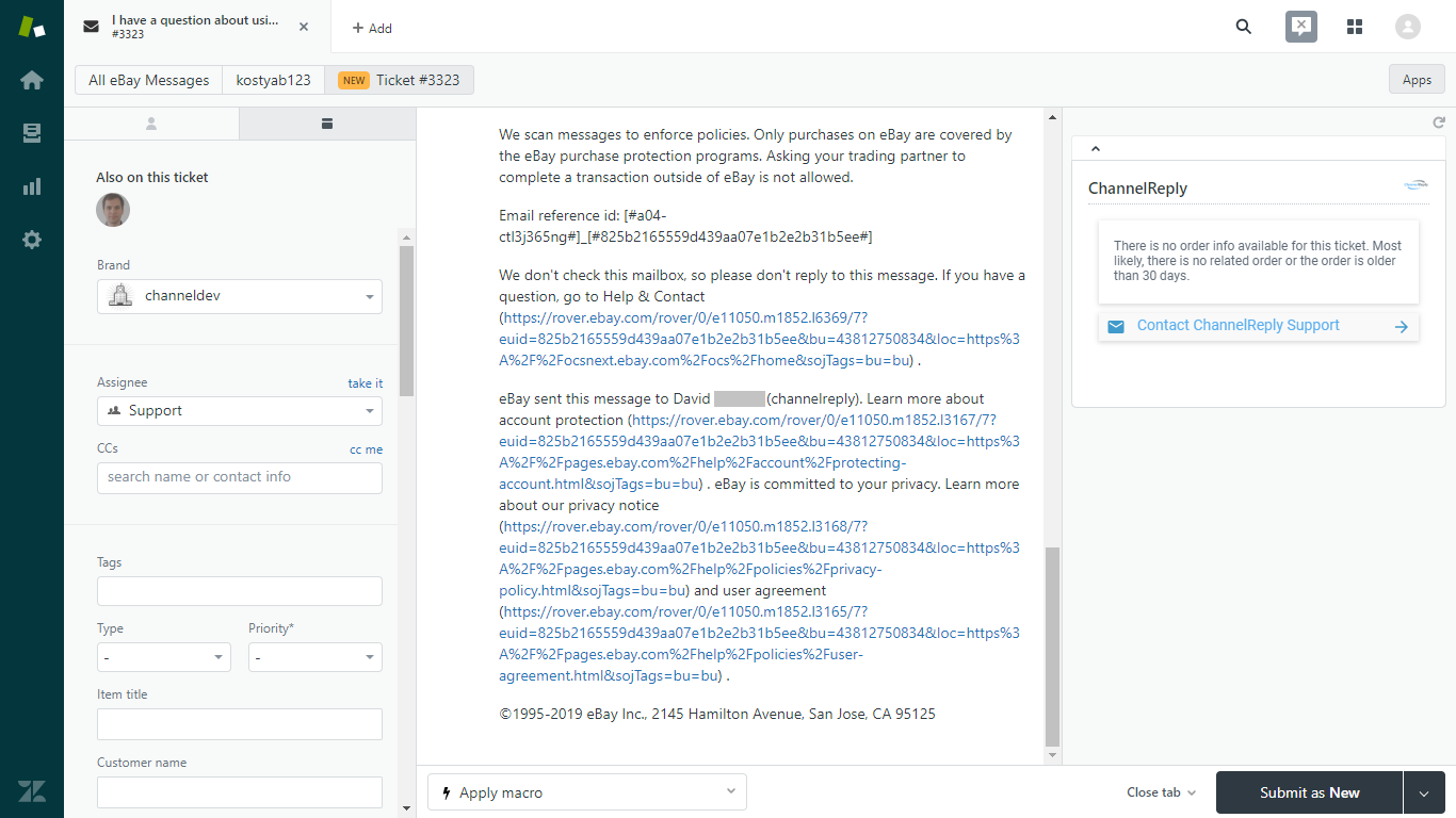 eBay Ticket in Zendesk Without ChannelReply, Screen 3