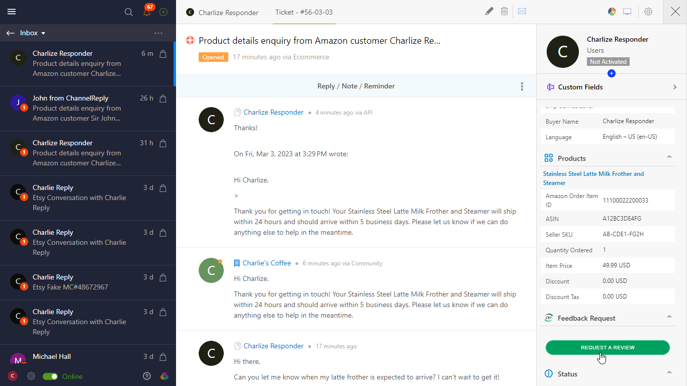 Amazon Request a Review Button in ChannelReply for Onsite Support