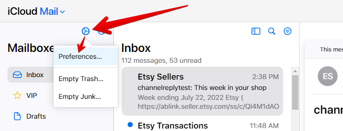 iCloud Mail gear icon dropdown and Preferences