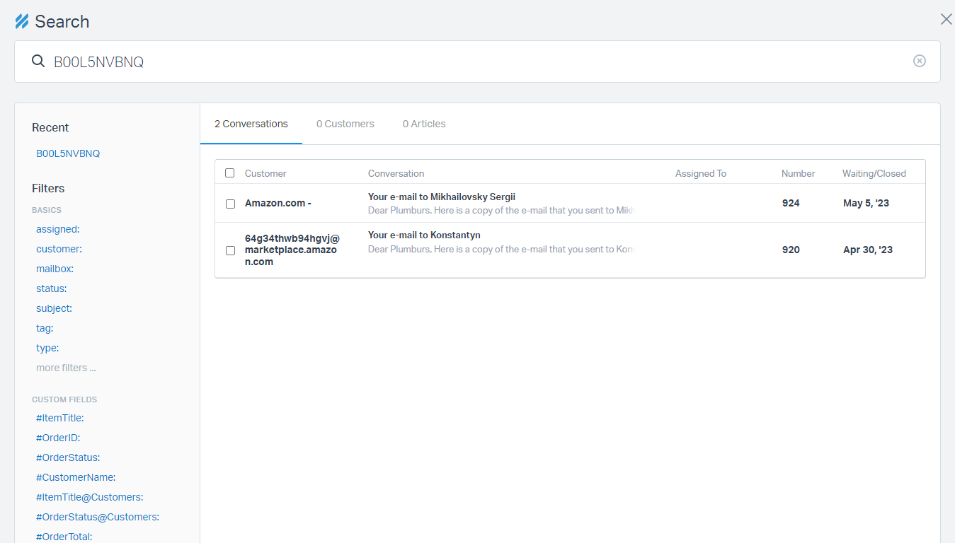 Searching Amazon Tickets in Help Scout by ASIN