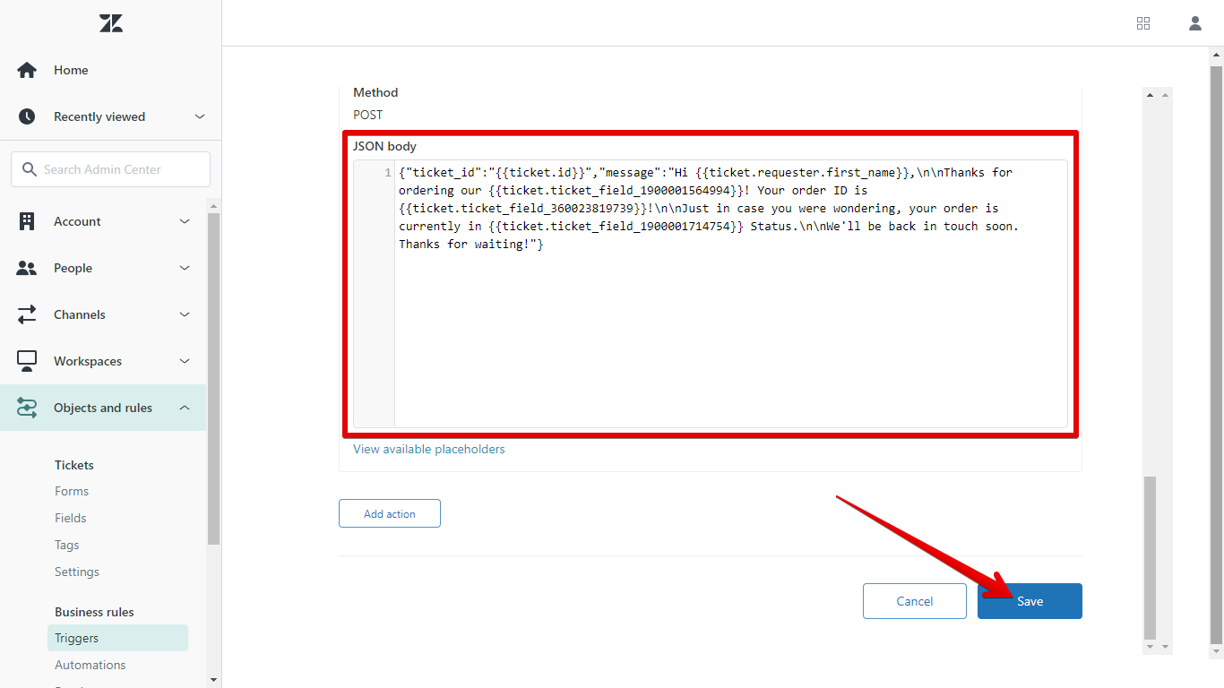 Auto-reply example in the JSON body field, and the Save button