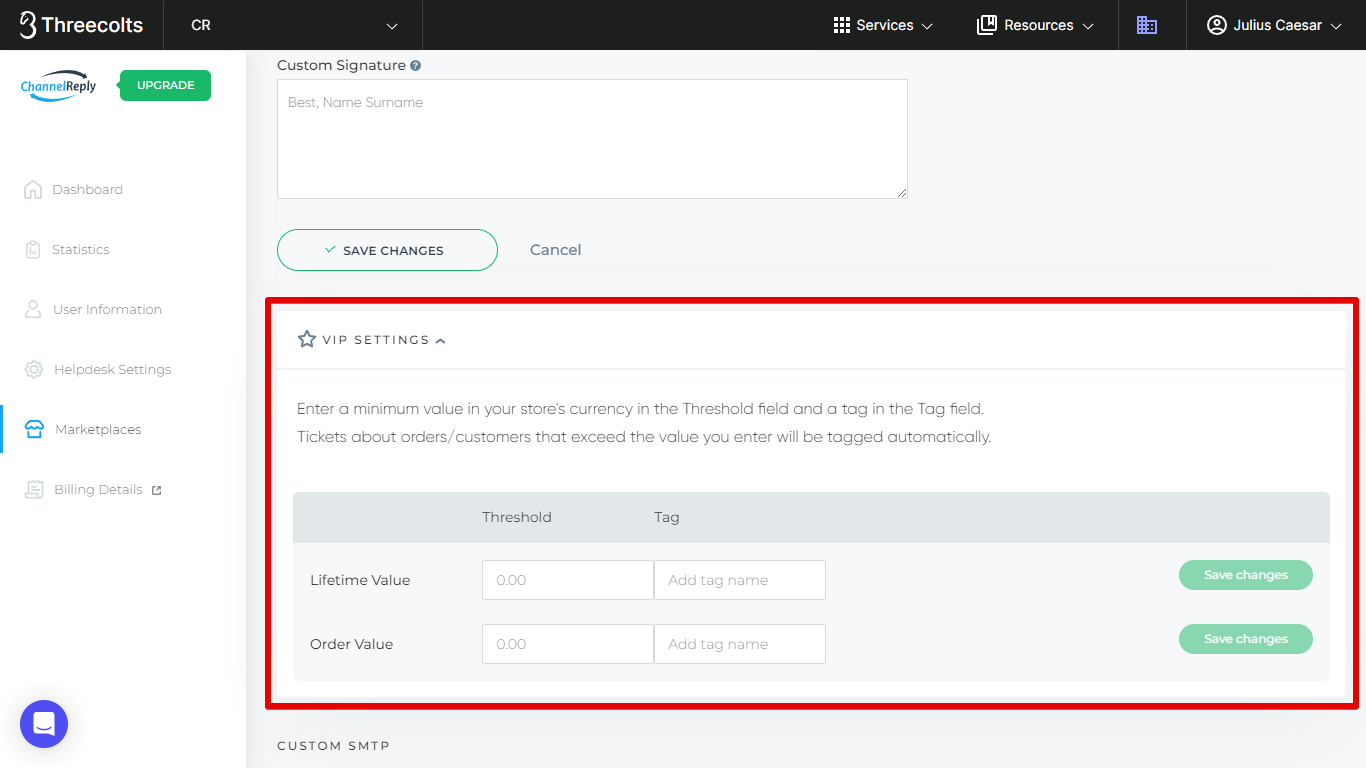 WooCommerce VIP Settings in ChannelReply