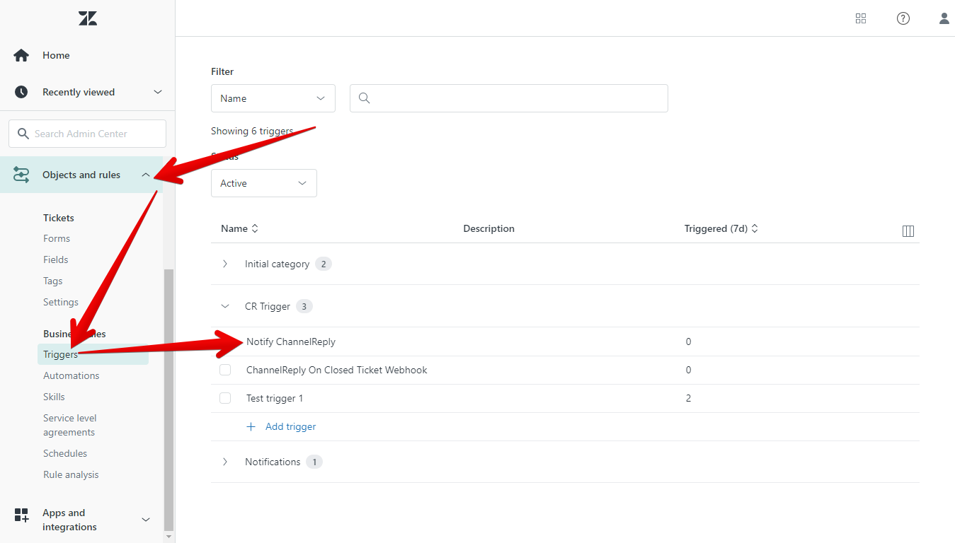 Objects and Rules Menu, Triggers Page, and Notify ChannelReply Trigger