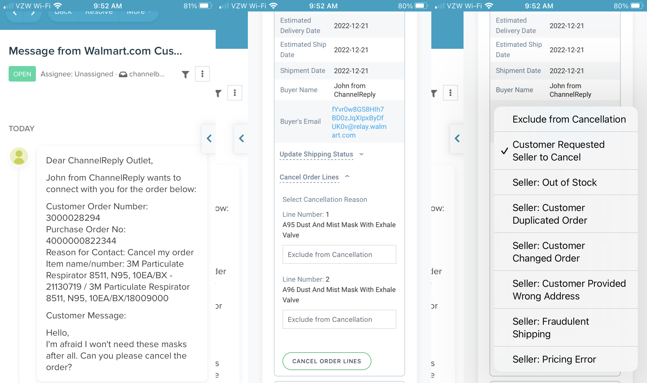 Cancelling a Walmart Order with ChannelReply in the Re:amaze Mobile App