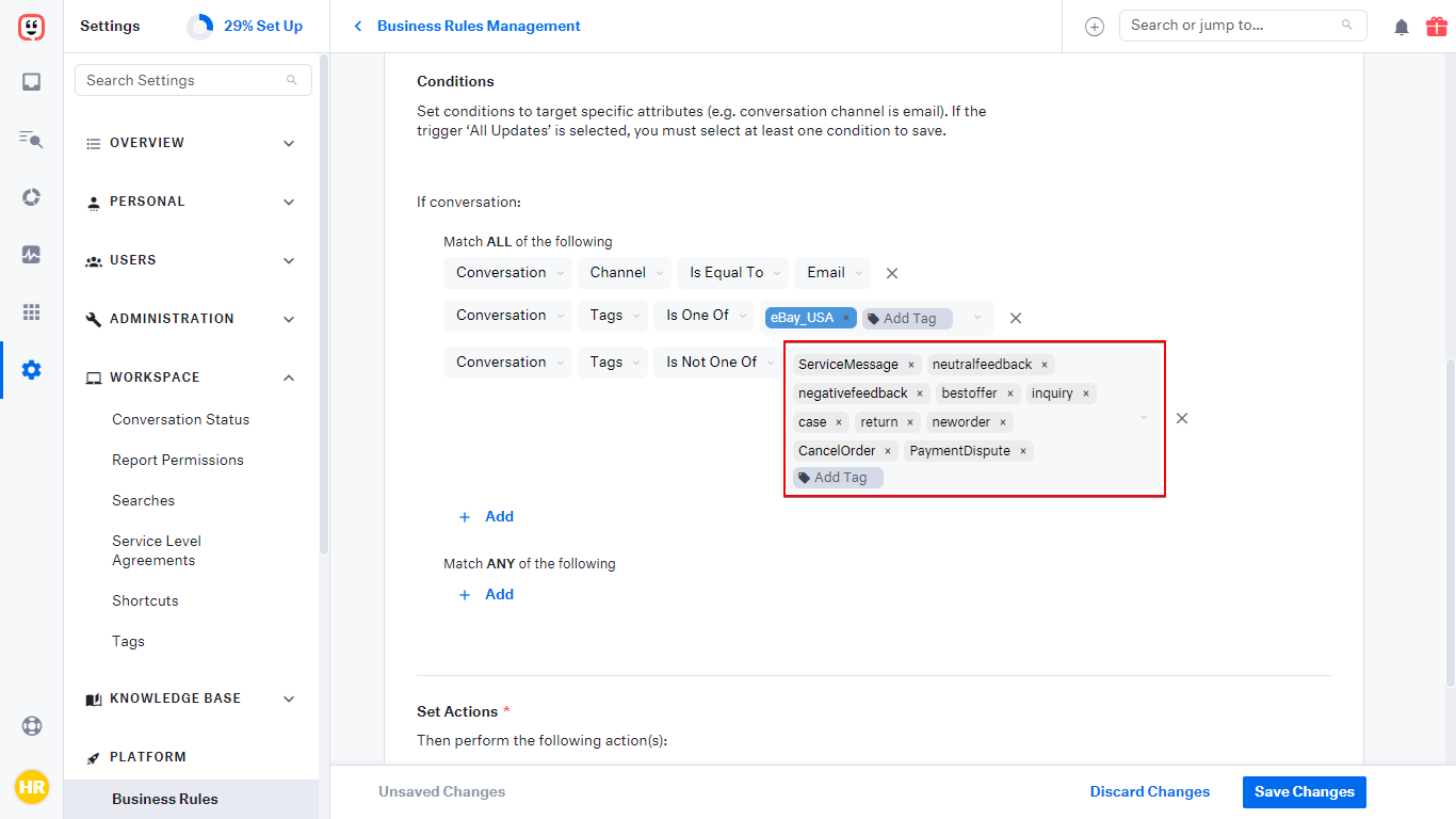 Automatic eBay tags from ChannelReply entered in a Conversation Tags Is Not One Of condition in Kustomer