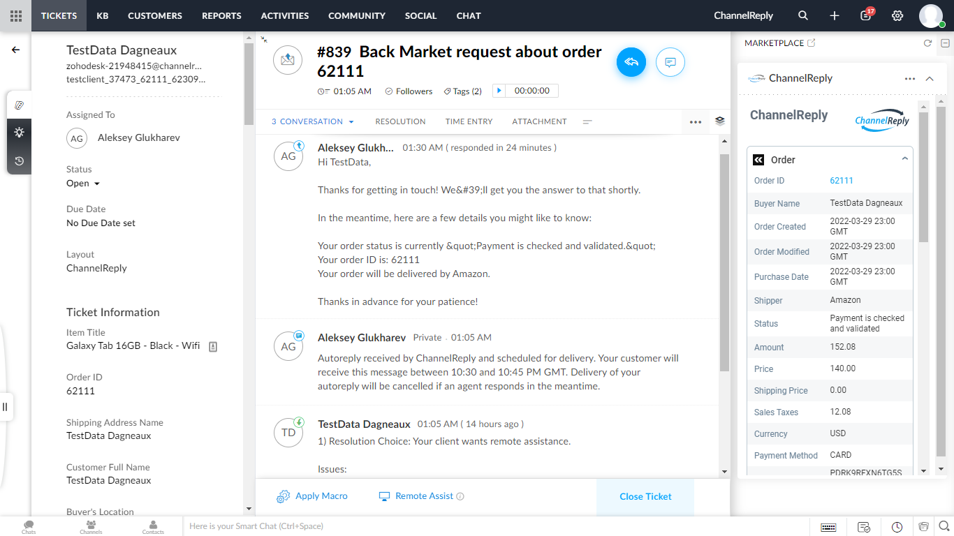 Auto-reply appearing on a Zoho Desk ticket