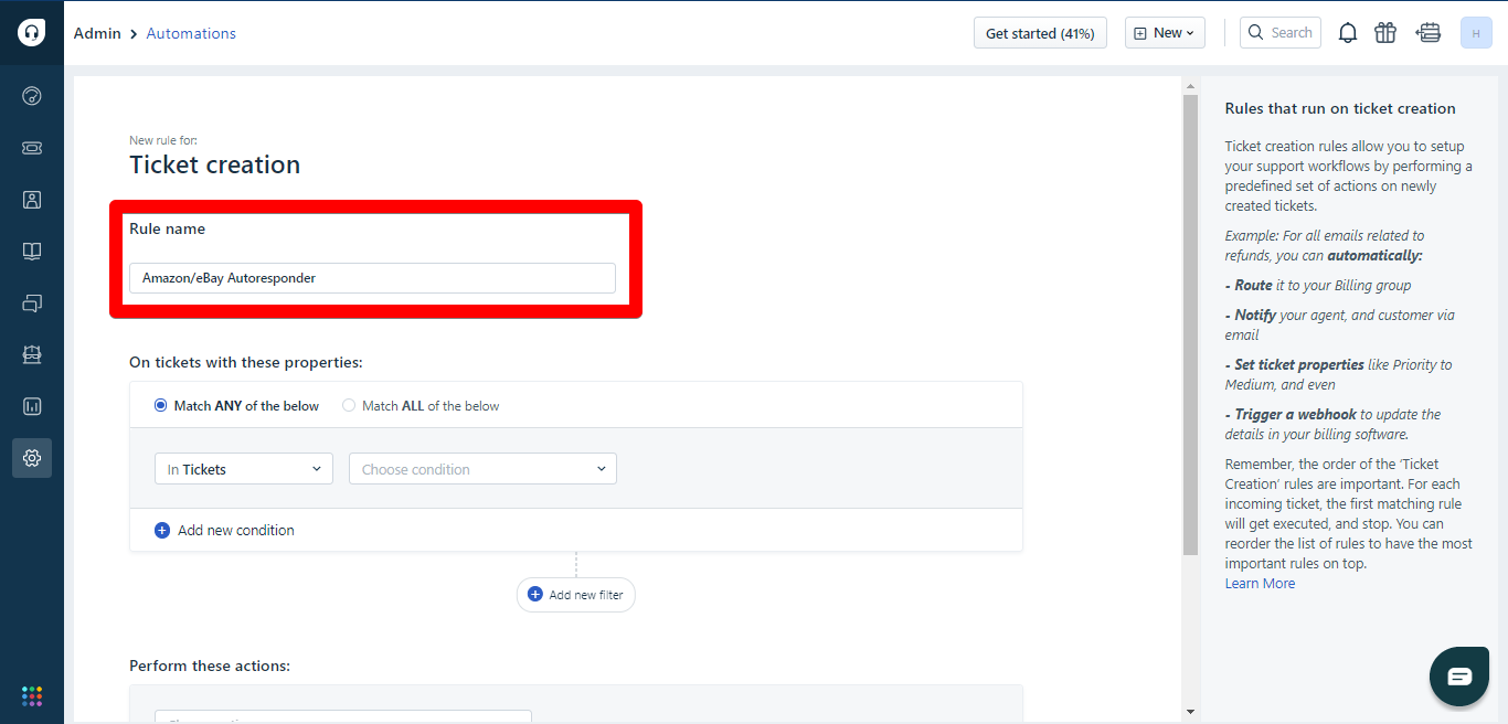 Autoresponder name window in Freshdesk automations 