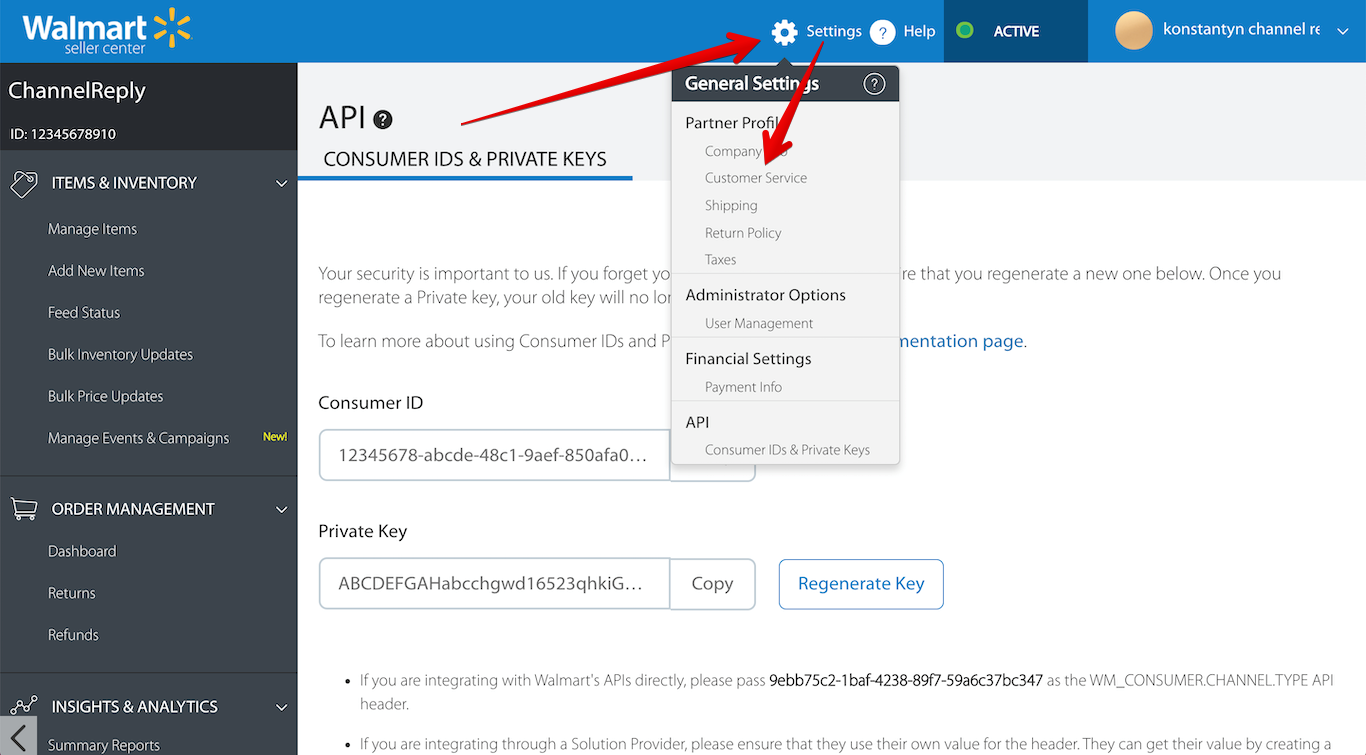 Customer Service in the Walmart Canada Settings Menu