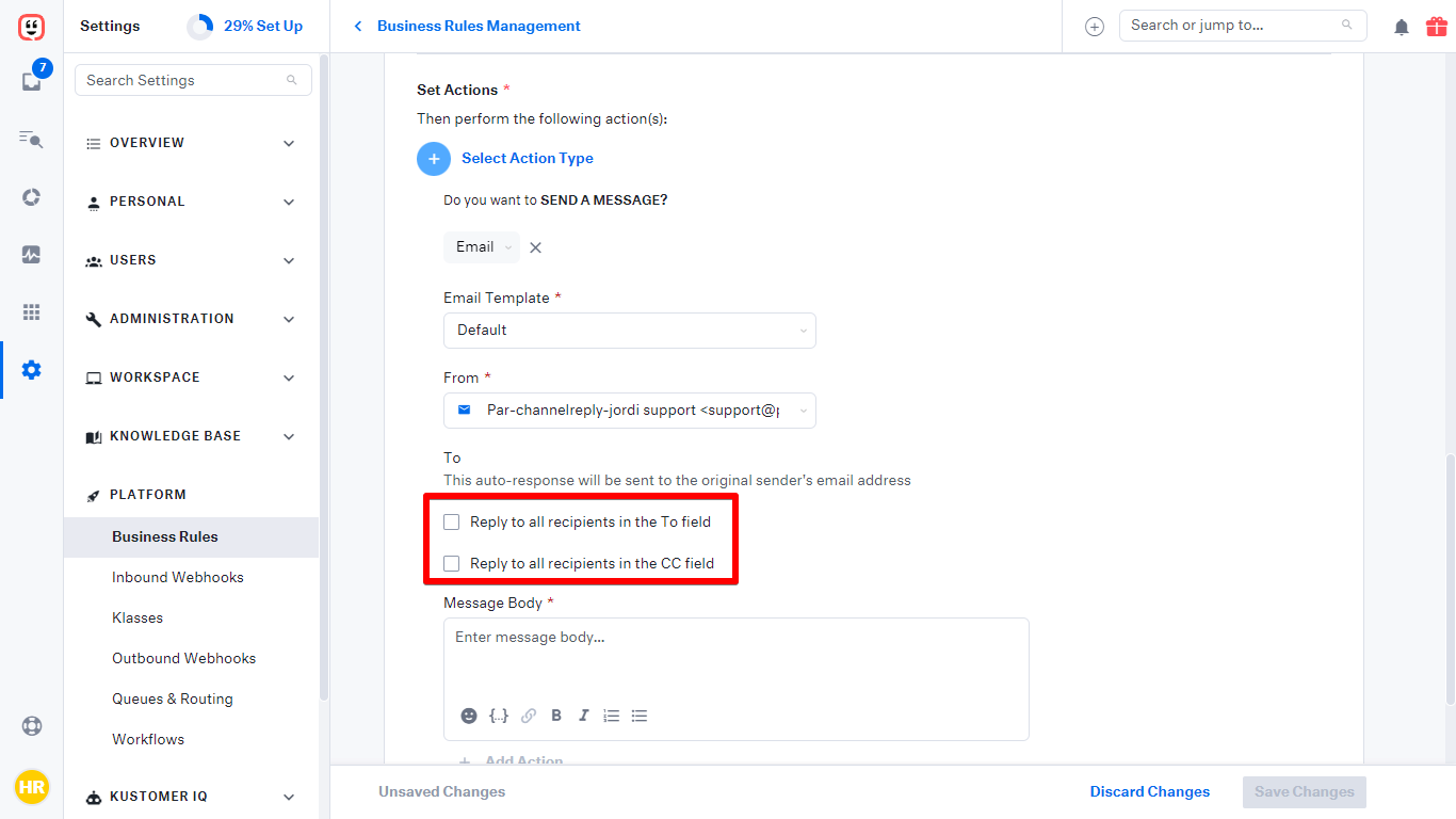Reply to all recipients in the To field and CC field options not checked