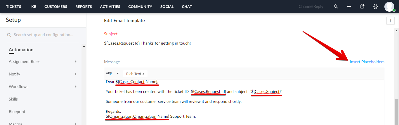Insert Placeholders button and default Zoho placeholders