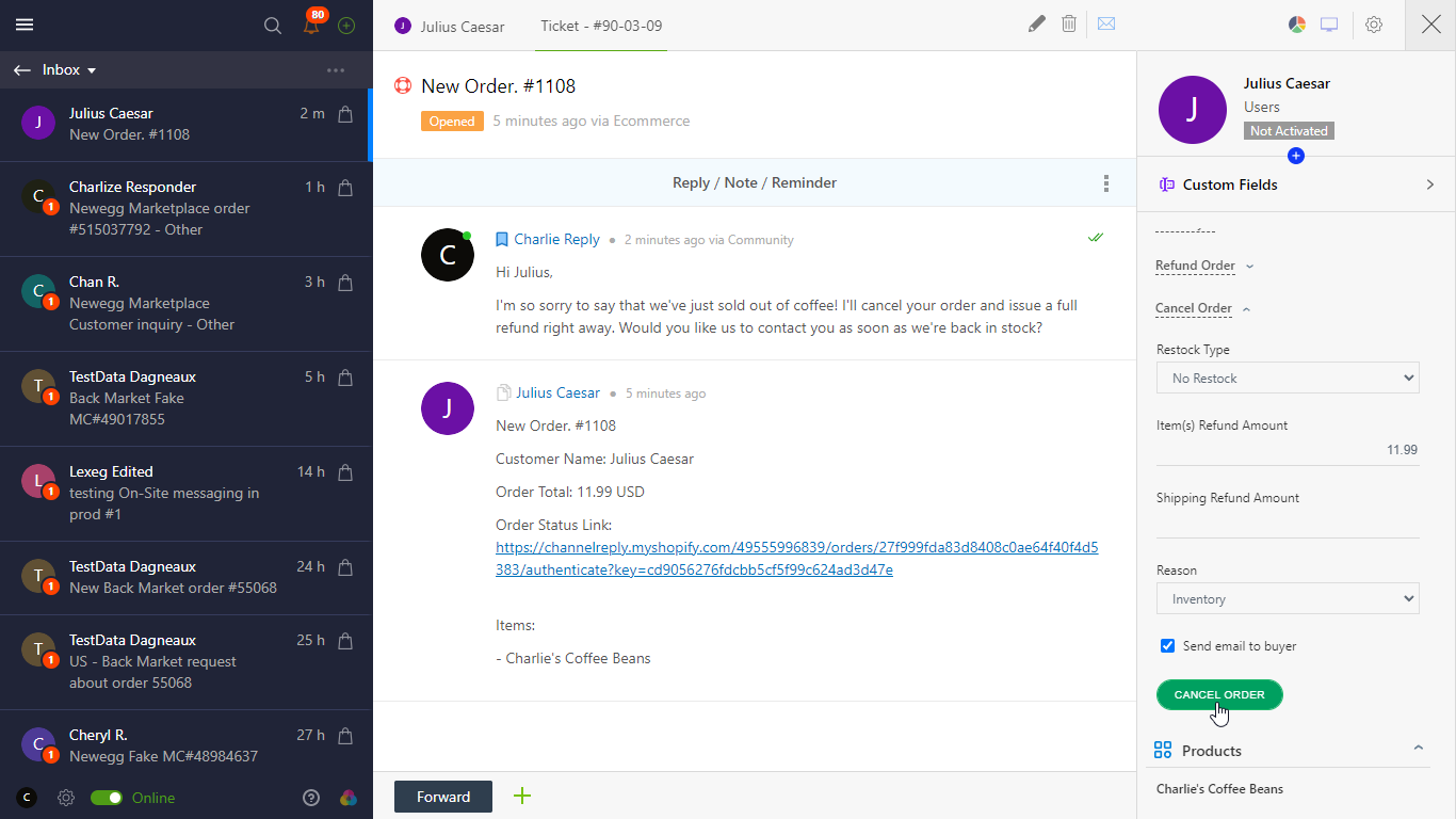 Canceling a Shopify Order from Onsite