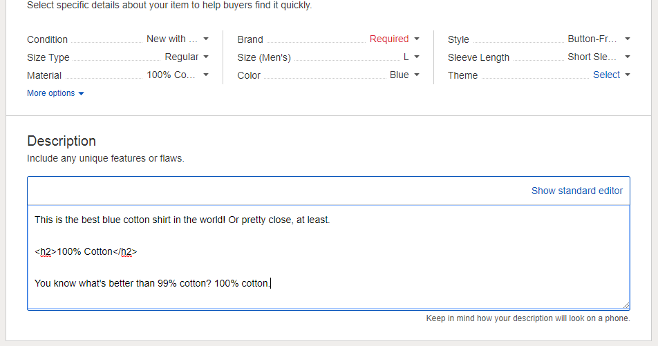 eBay Description with h2 Tags