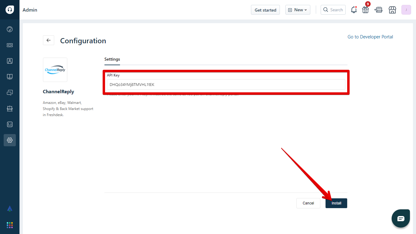Freshdesk API Key Field and Install Button for ChannelReply on Freshdesk