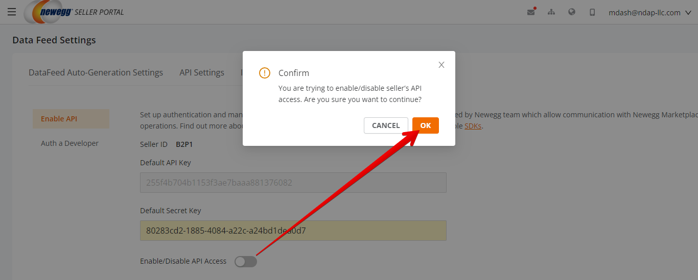 OK Button in API Access Popover