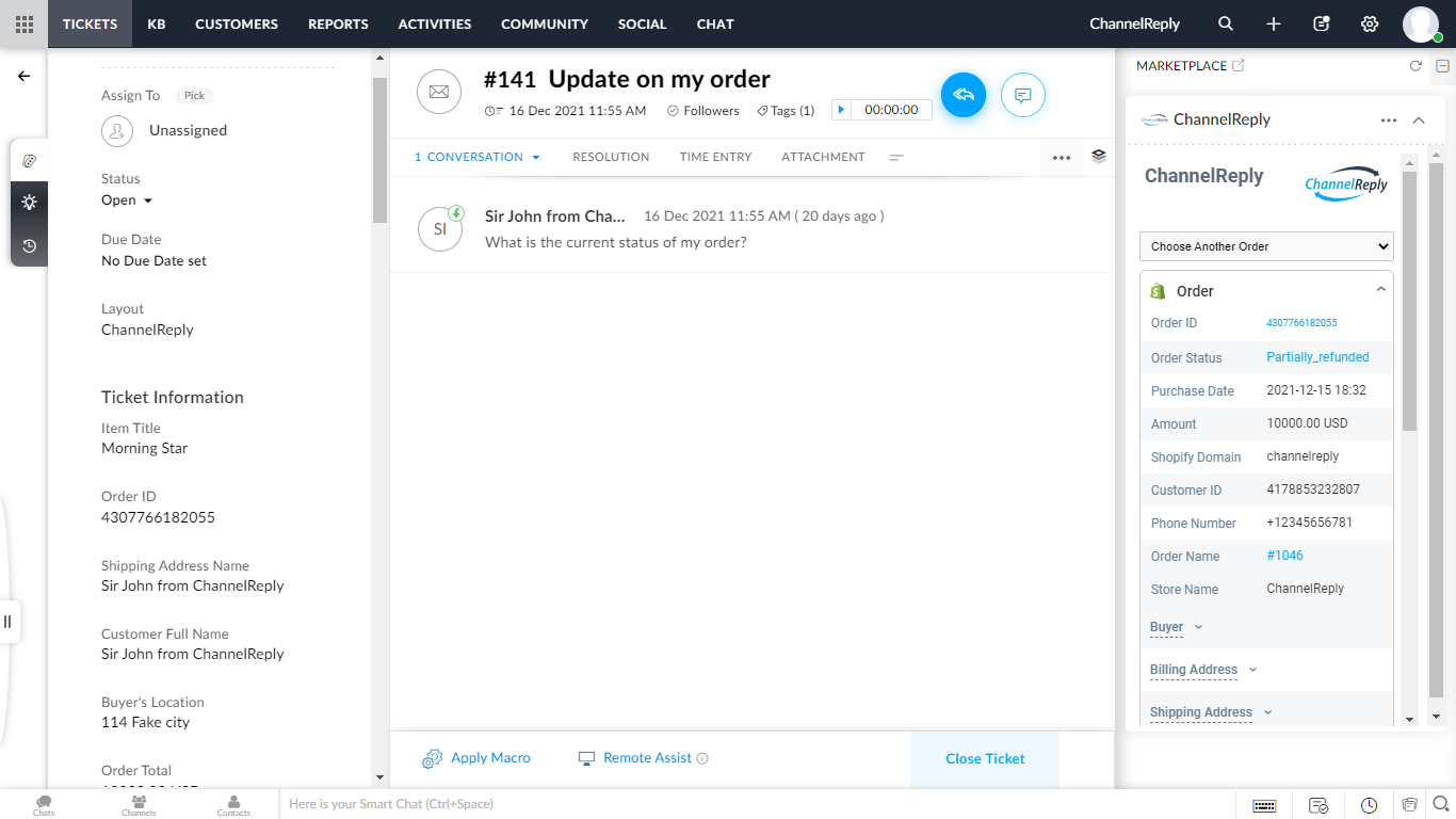Screenshot of ChannelReply's Shopify-Zoho integration