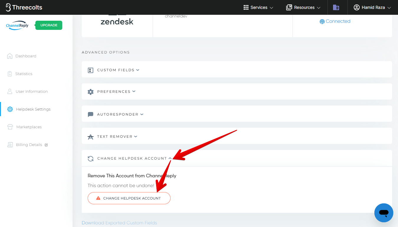CHANGE HELPDESK ACCOUNT button in Helpdesk Settings