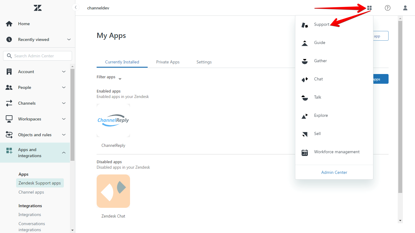 Zendesk Products Button and Support Option in the Admin Center