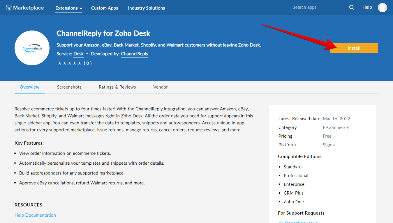 Install button on the ChannelReply app listing in Zoho Marketplace