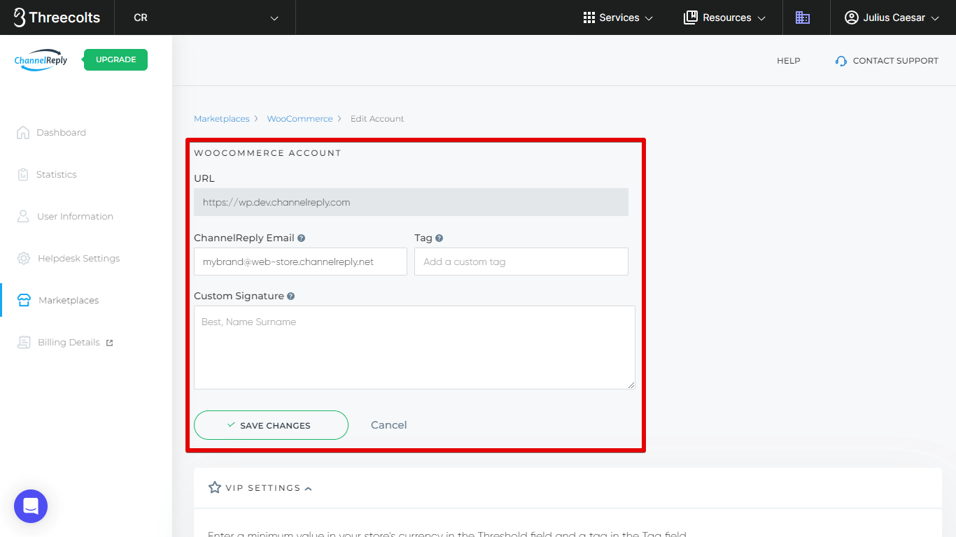 WooCommerce Account settings in ChannelReply