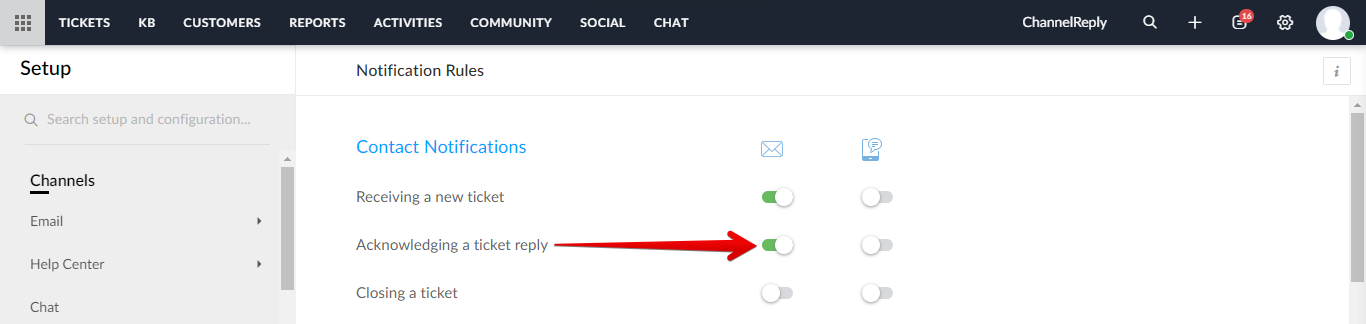 Acknowledging a Ticket Reply enabled