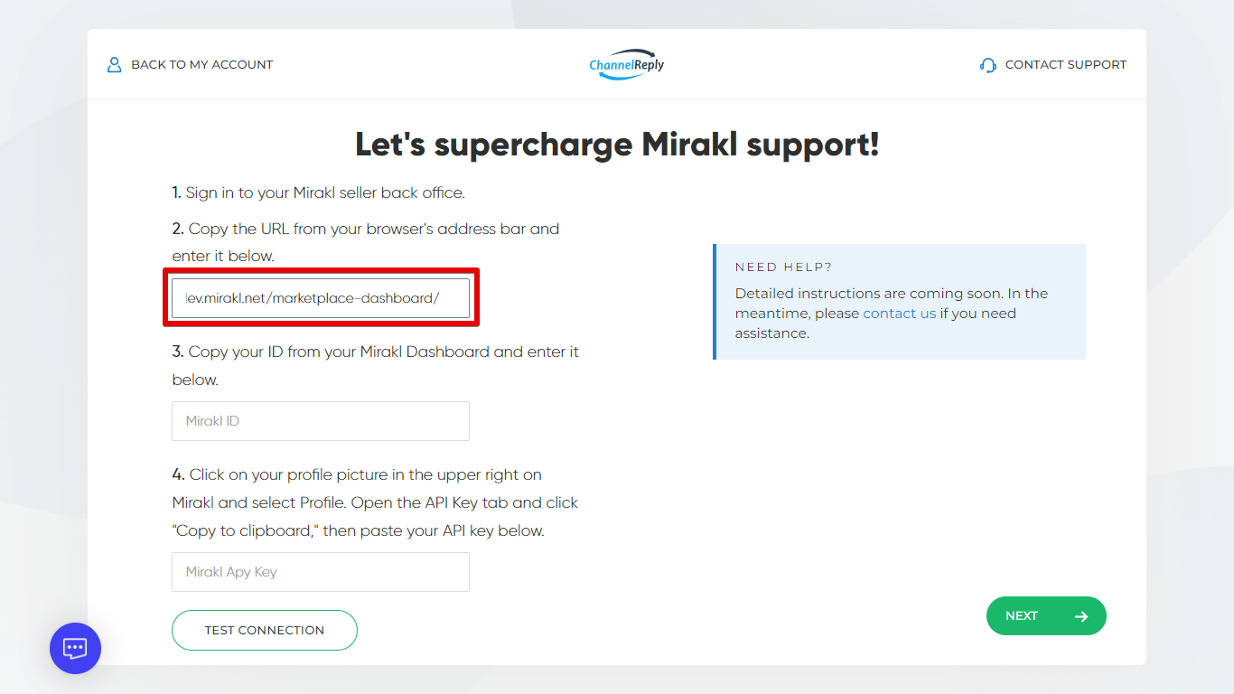 Back office URL pasted into the Mirakl Domain field in ChannelReply