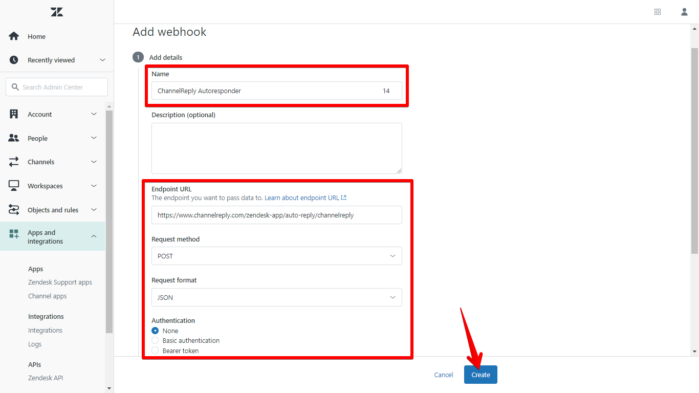 ChannelReply's Walmart/Shopify/eBay/Amazon autoresponder webhook settings for Zendesk