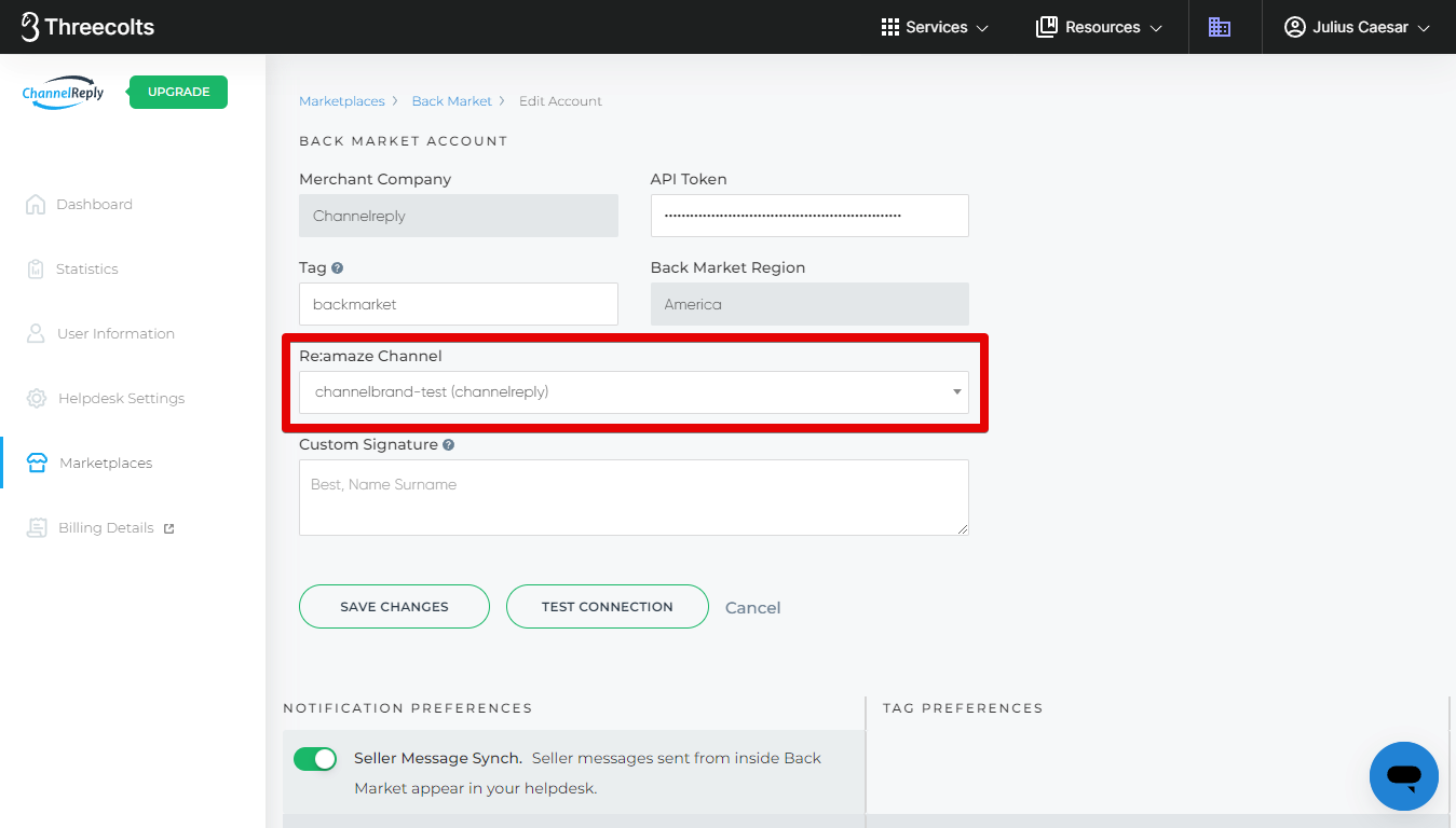 Where to change the Re:amaze channel for Back Market in ChannelReply
