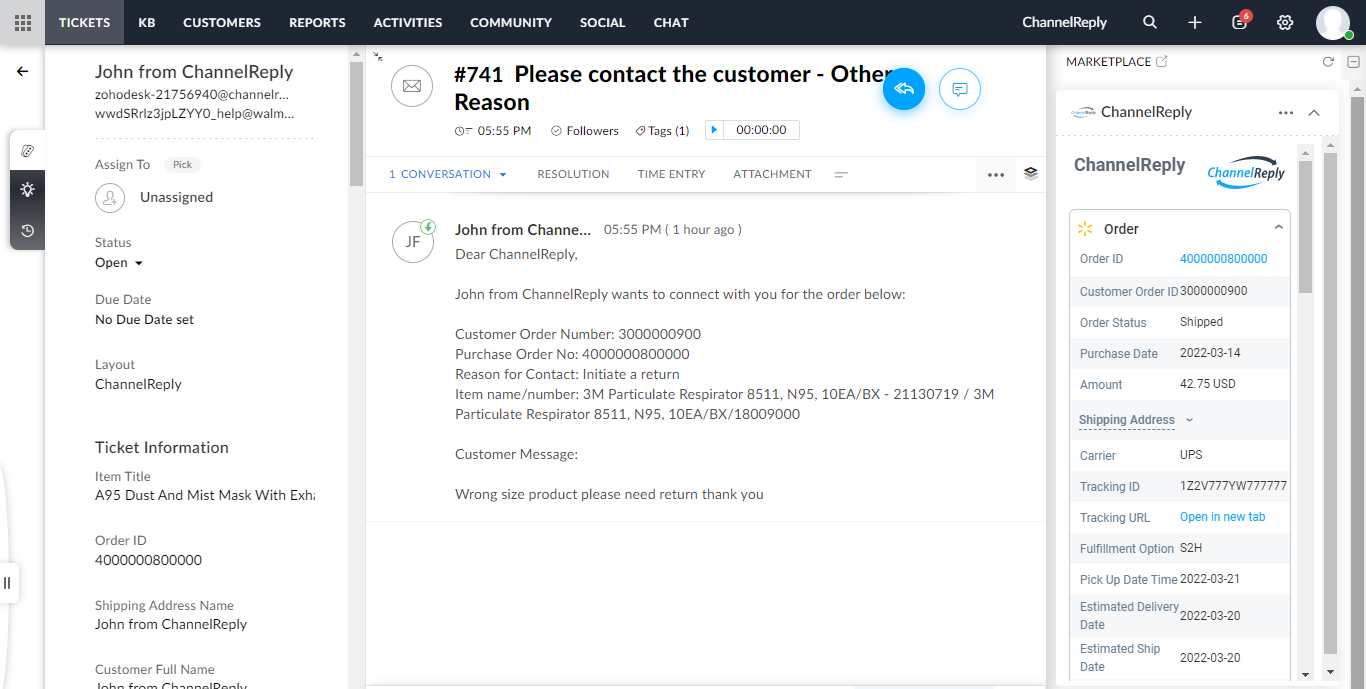 Walmart Ticket in Zoho Desk