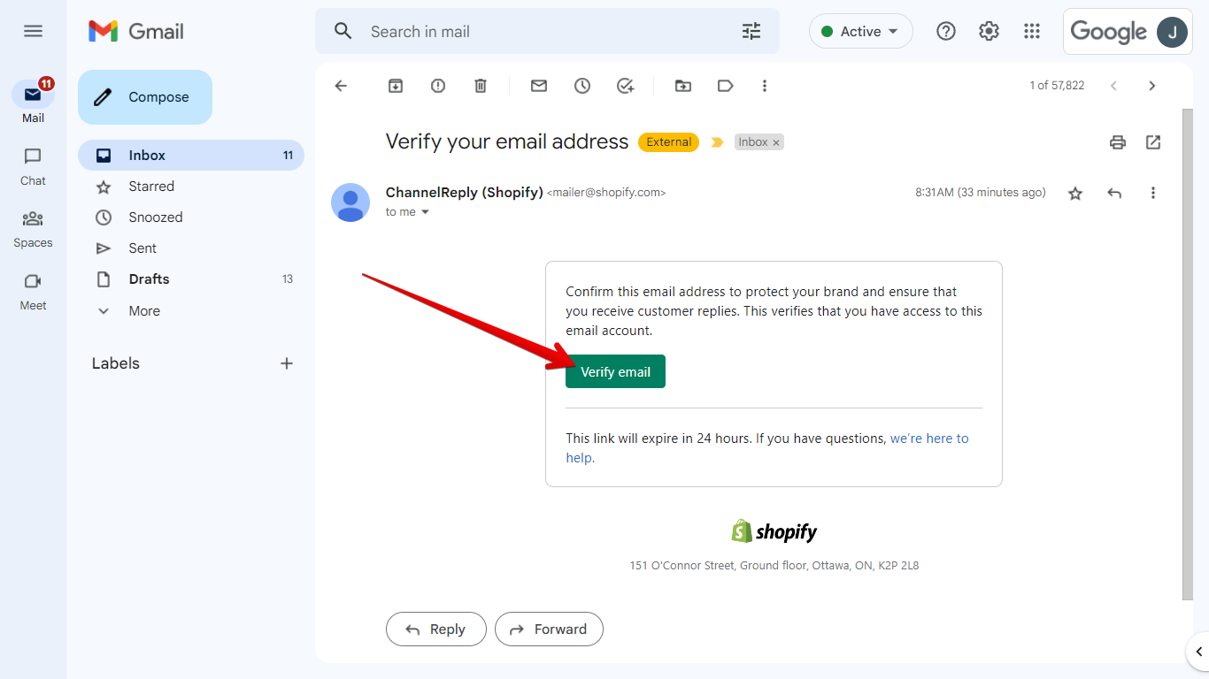 Verify Email Button in a Shopify Email Verification Request