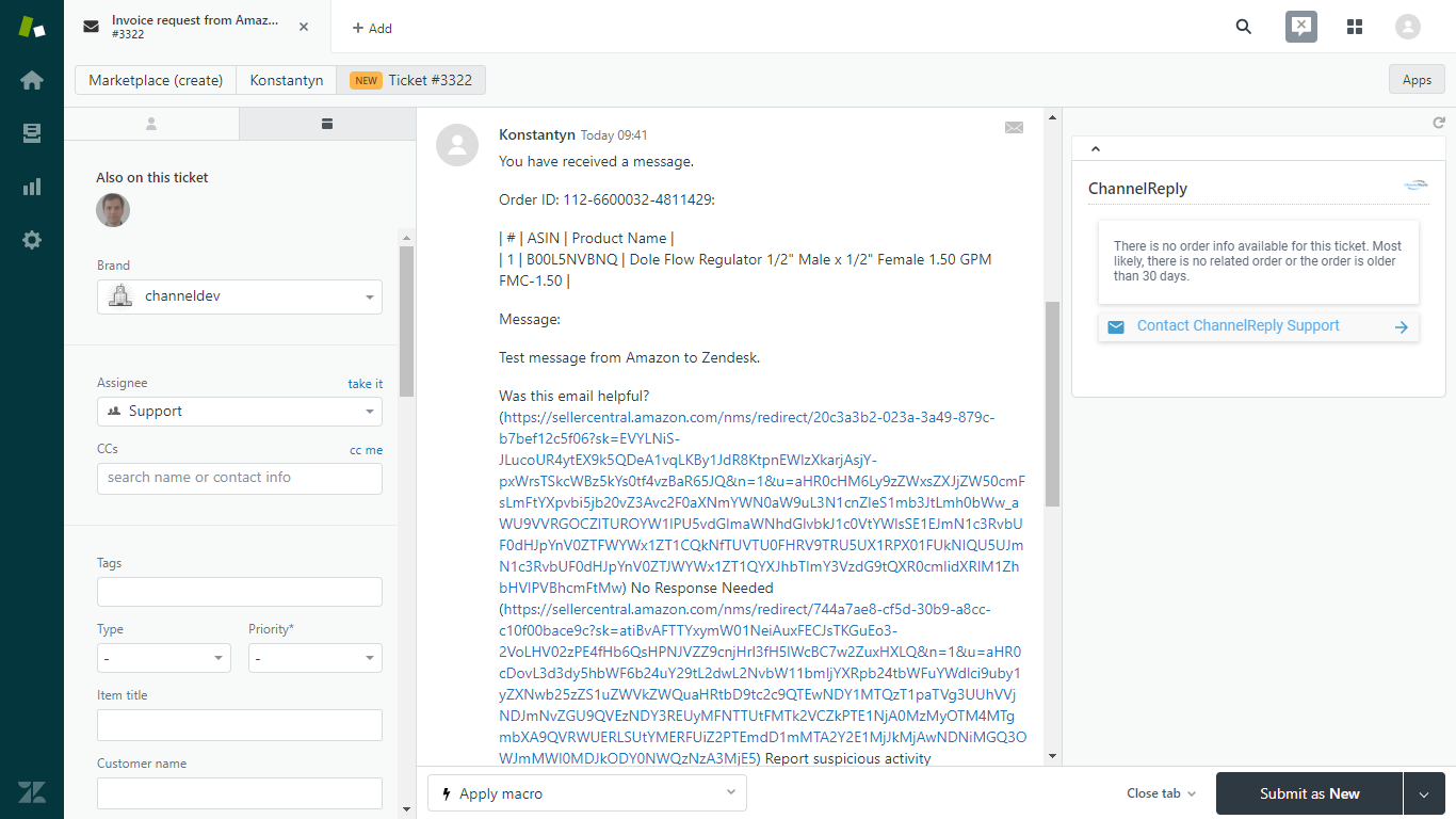 Amazon Ticket in Zendesk Without ChannelReply, Screen 1